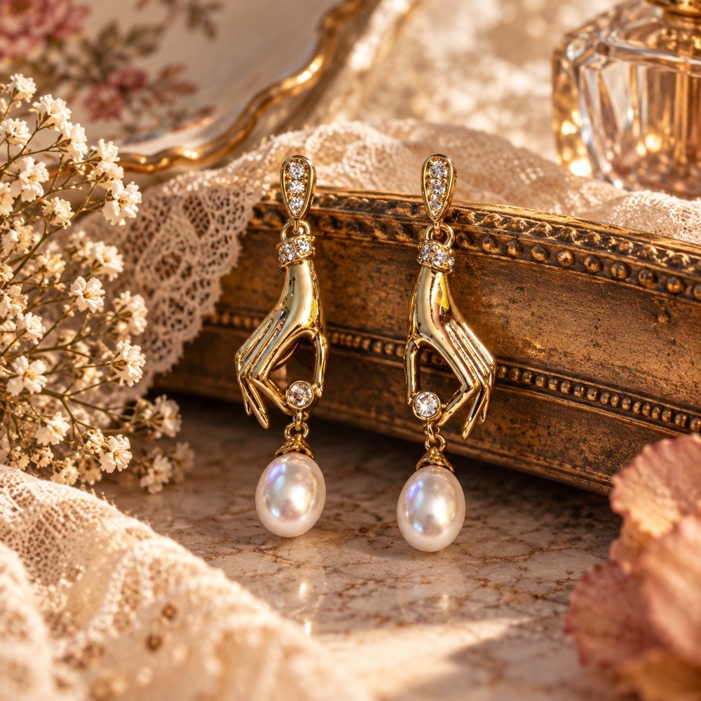 Gold Hand Pearl Drop Earrings Crystal Pave Surrealist Statement Jewelry New